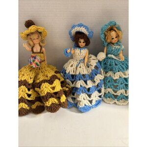 Lot Of 3 Vintage Dolls With Handmade Crochet Dresses F1